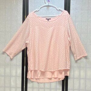 Roz & Ali ¾ Sleeve Scoop Neck Sweetheart Bodice Flyaway Back Lace Top Pink 2X